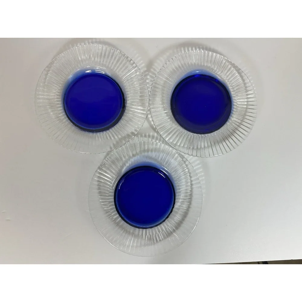 Pier 1 Salad Plates Glass Clear & Cobalt Blue Center Ribbed‎ 8.25